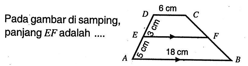 Pada gambar di samping, panjang EF adalah ... D 6 cm C 3 cm E F 5 cm A 18 cm B  