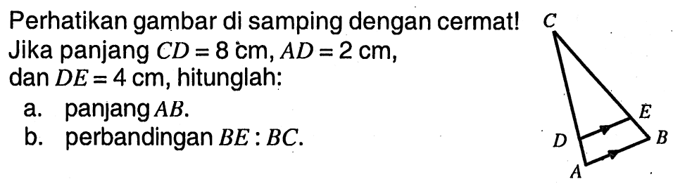 Perhatikan gambar di samping dengan cermat! Jika panjang  CD=8 cm, AD=2 cm , dan  DE=4 cm , hitunglah:a. panjang  AB .b. perbandingan  BE: BCC D E A B 