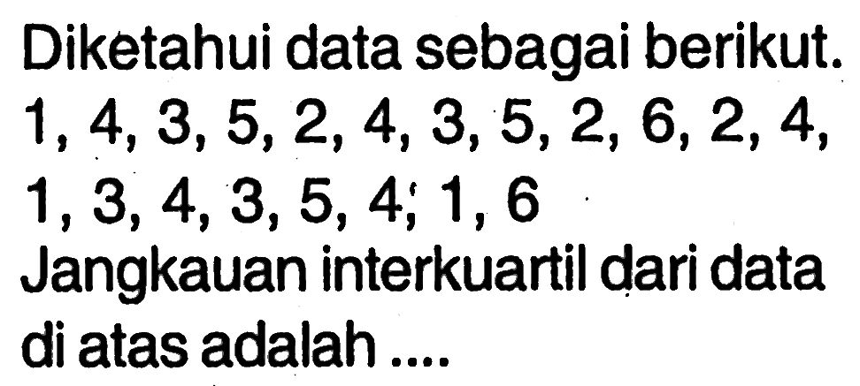 Diketahui data sebagai berikut.  1, 4, 3, 5, 2, 4, 3, 5, 2, 6, 2, 4, 1, 3, 4, 3, 5, 4, 1, 6  Jangkauan interkuartil dari data di atas adalah....