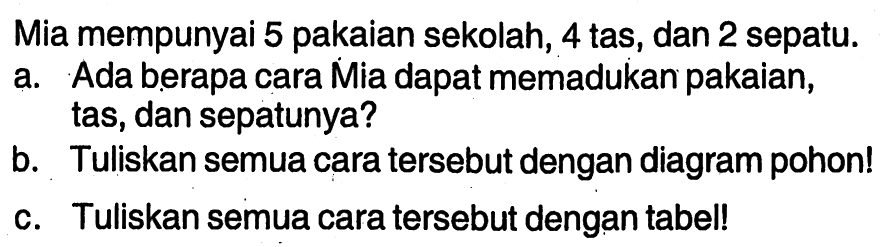 Mia mempunyai 5 pakaian sekolah, 4 tas, dan 2 sepatu.a. Ada berapa cara Mia dapat memadukan pakaian, tas, dan sepatunya?b. Tuliskan semua cara tersebut dengan diagram pohon!c. Tuliskan semua cara tersebut dengan tabel!