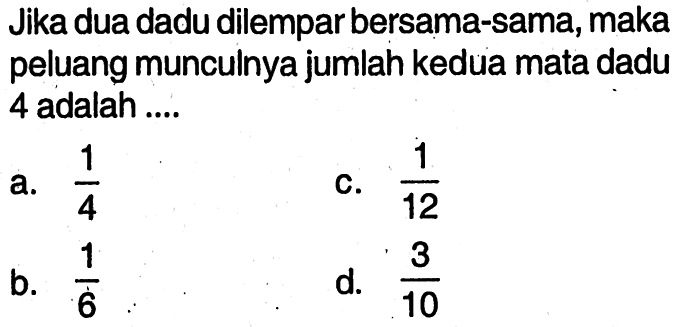 Jika dua dadu dilempar bersama-sama, maka peluang munculnya jumlah kedua mata dadu 4 adalah ....