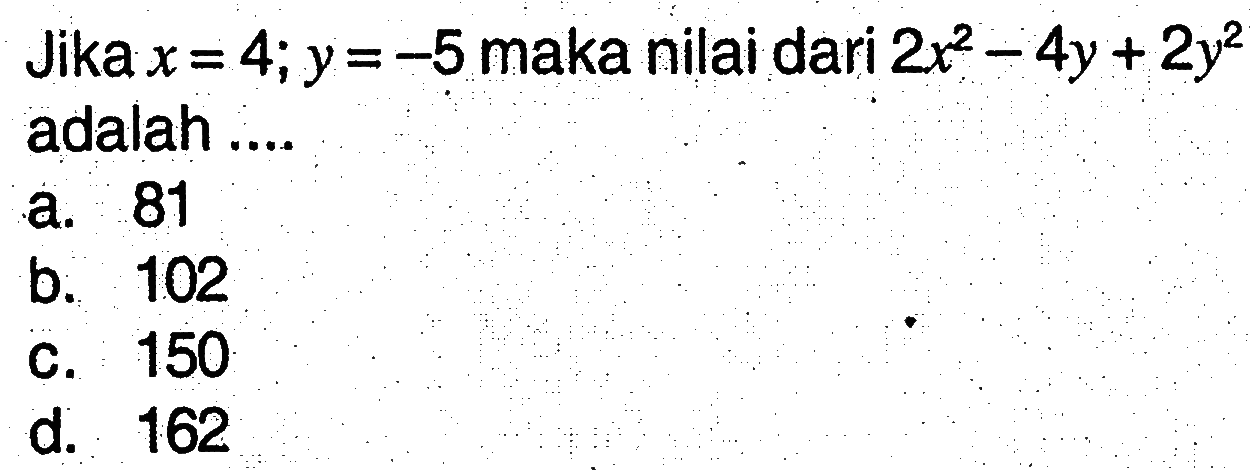 Jika x = 4; y = -5 maka nilai dari 2x^2 - 4y + 2y^2 adalah....