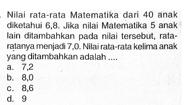 Nilai rata-rata Matematika dari 40 anak diketahui 6,8. Jika nilai Matematika 5 anak lain ditambahkan pada nilai tersebut, rataratanya menjadi 7,0. Nilai rata-rata kelima anak yang ditambahkan adalah ....