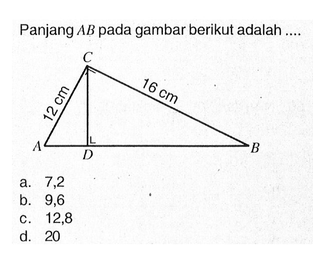 Panjang A B pada gambar berikut adalah .... C 12 cm A D 16 cm B 