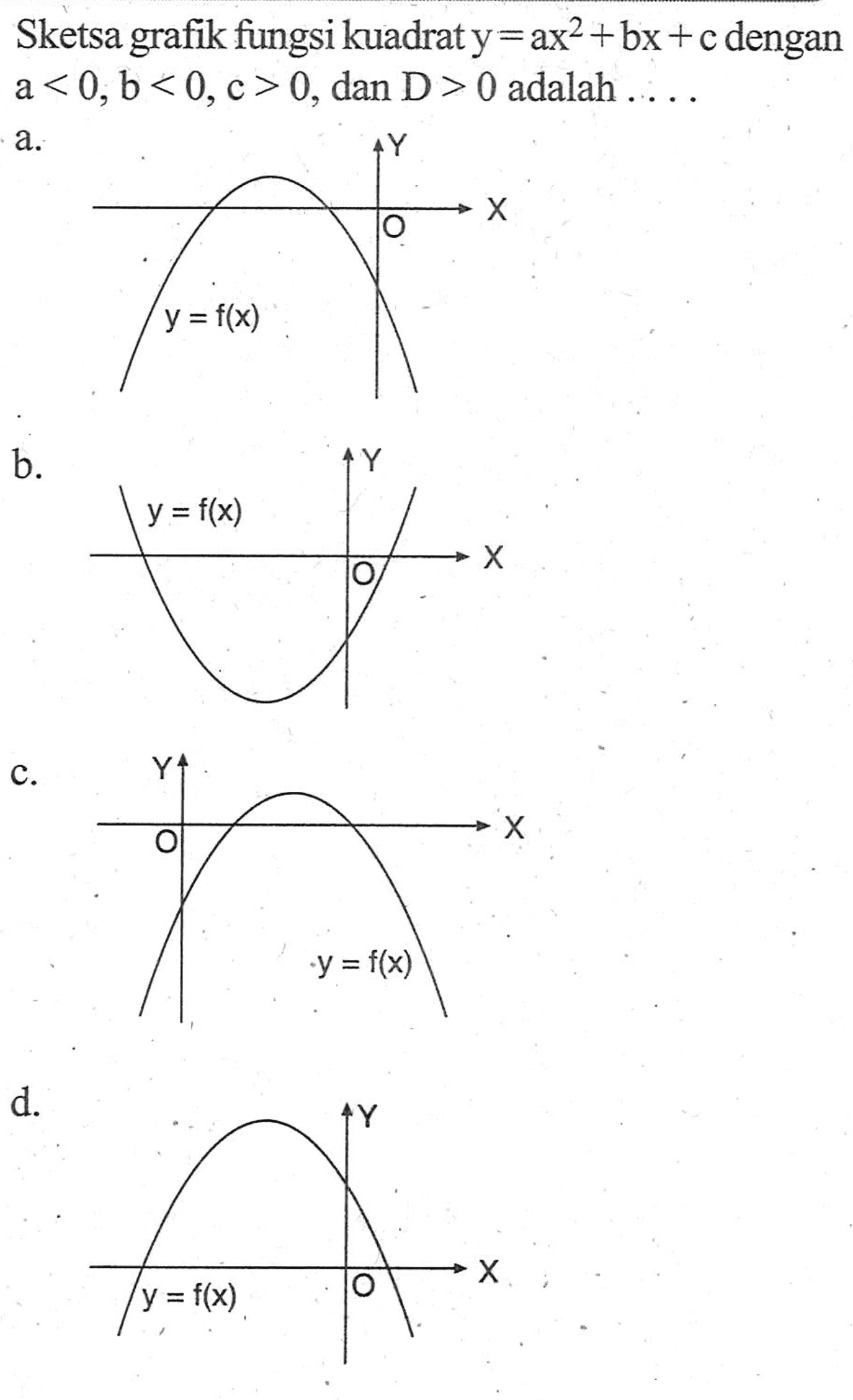 Sketsa grafik fungsi kuadraty=ax^2 + bx + c dengan a < 0, b < 0, c > 0, dan D > 0 adalah ....