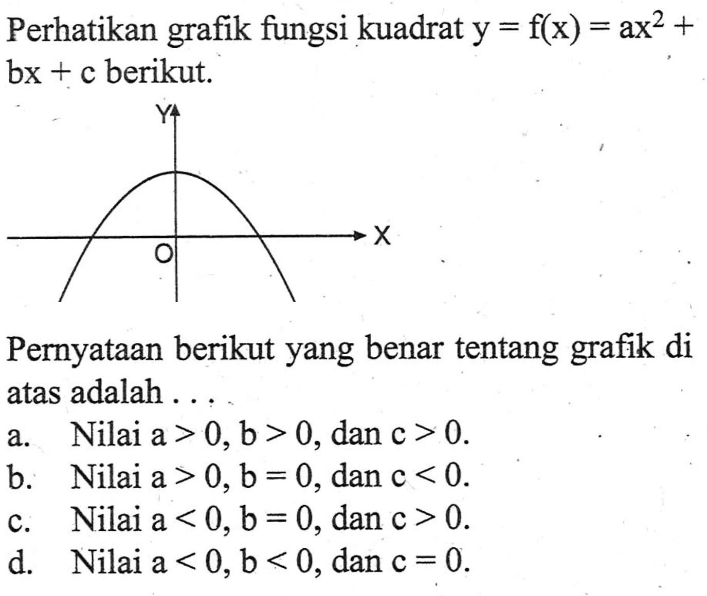 Perhatikan fungsi kuadrat y f(x) grafik = ax^2 + bx + c berikut: Pernyataan berikut yang benar tentang grafik di atas adalah a. Nilai a > 0, b > 0, dan c > 0. b. Nilai a > 0, b = 0, dan c < 0. 20, c.Nilai a b = 0, dan c > 0 d. Nilai a b < 0, dan c = 0.