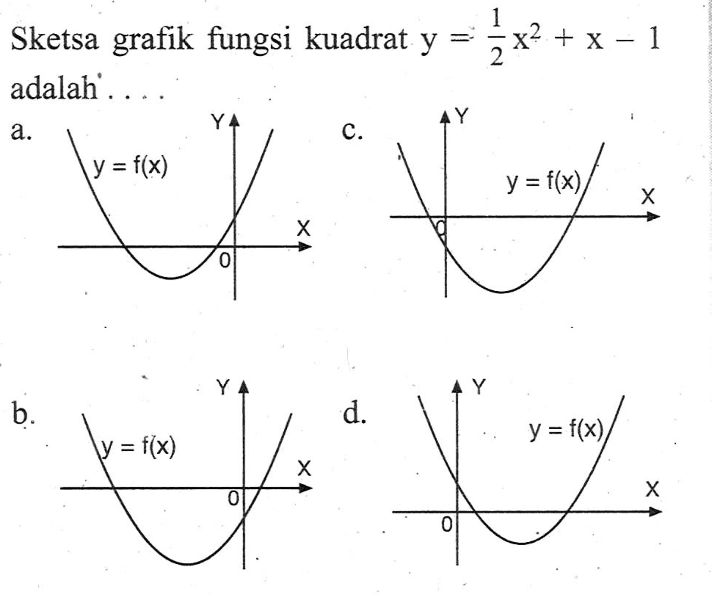 Sketsa grafik fungsi kuadrat y=1/2 x^2 + x - 1 adalah