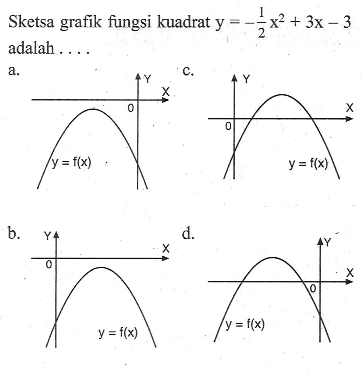 Sketsa grafik fungsi kuadrat y = 1/2 x^2 + 3x - 3 adalah .....