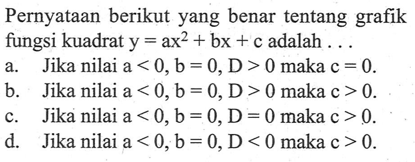Pernyataan berikut yang benar tentang grafik fungsi kuadrat y = ax^2 + bx + c adalah...