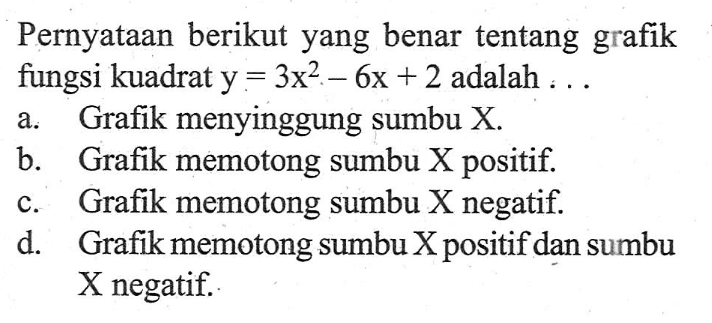 Pernyataan berikut yang benar tentang grafik fungsi kuadrat y = 3x^2 - 6x + 2 adalah...