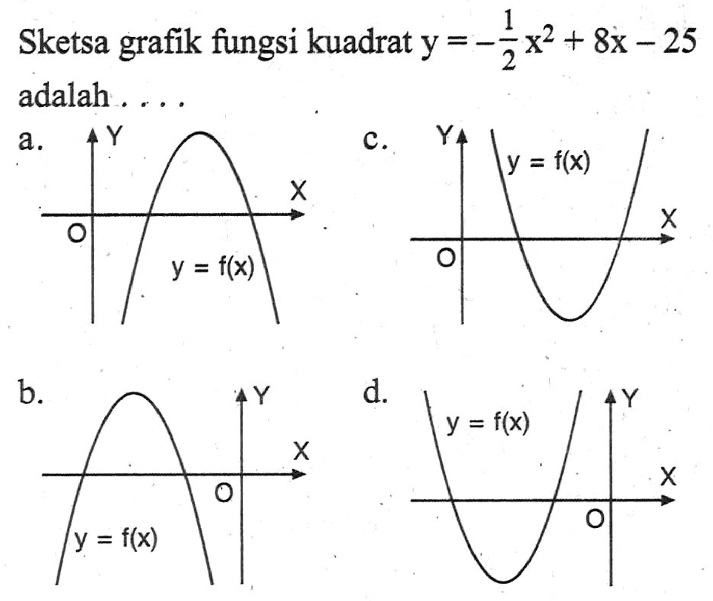 1 Sketsa grafik fungsi kuadrat y =-1/2 X^2 + 8x-25 adalah