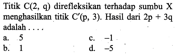 Titik C(2, q) direfleksikan terhadap sumbu X menghasilkan titik C'(p, 3). Hasil dari 2p+3q adalah ....