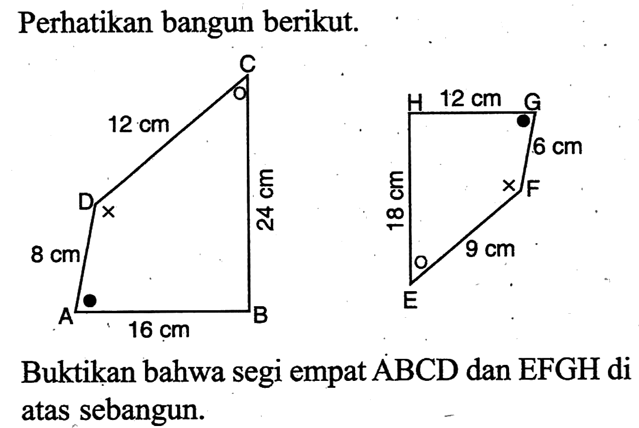 Perhatikan bangun berikut. C 12 cm D 8 cm 24 cm A 16 cm B H 12 cm G 18 cm 6 cm 9 cm E FBuktikan bahwa segi empat ABCD dan EFGH di atas sebangun.