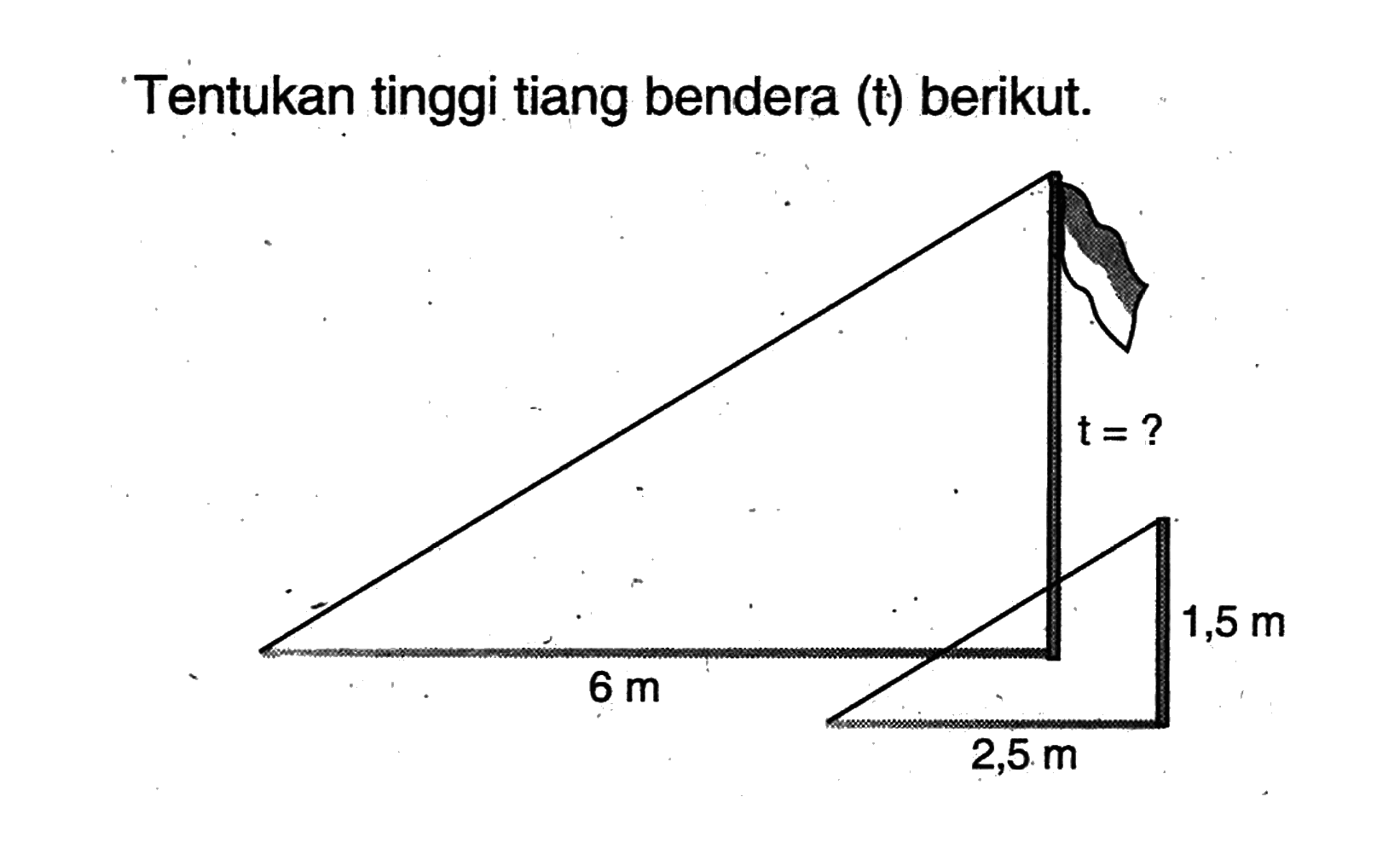 Tentukan tinggi tiang bendera (t) berikut. 6 m t=? 2,5 m 1,5 m