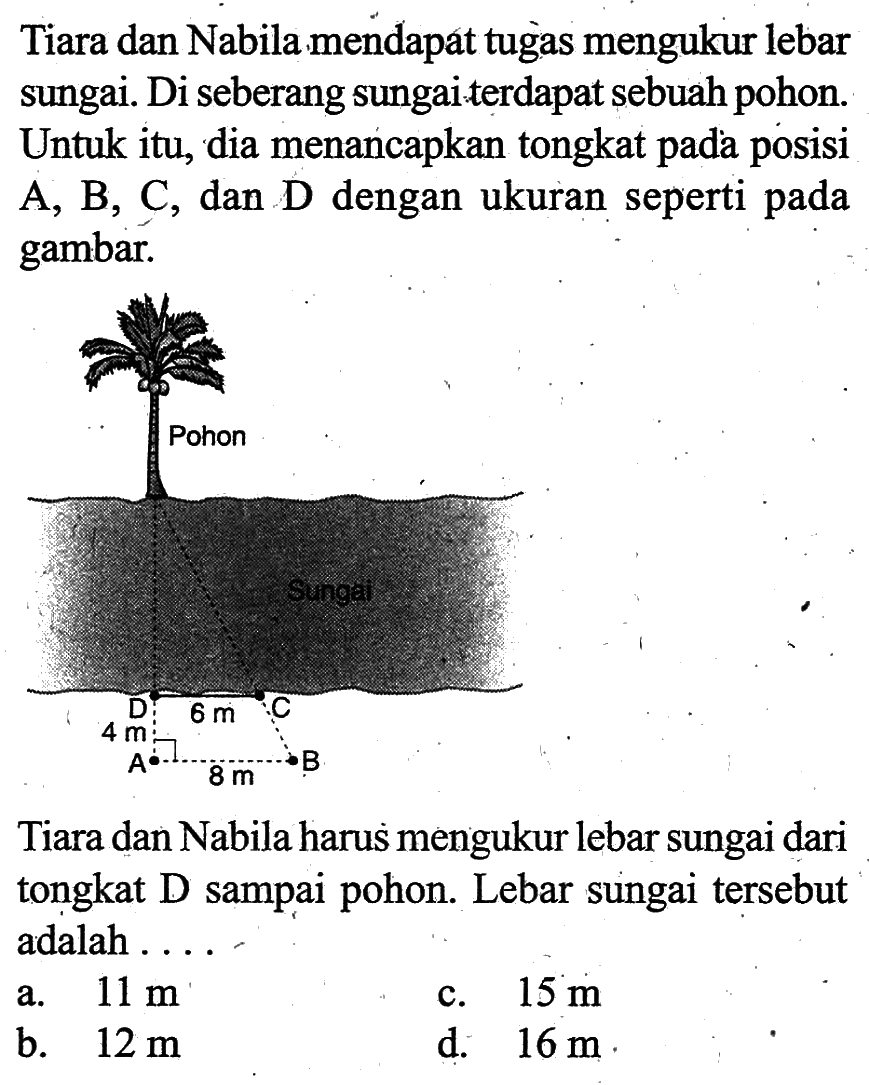 Tiara dan Nabila mendapat tugas mengukur lebar sungai. Di seberang sungai terdapat sebuah pohon. Untuk itu, dia menancapkan tongkat padà posisi A, B, C, dan D dengan ukuran seperti pada gambar.Pohon D 6 m C 4 m A 8 m BTiara dan Nabila harus mengukur lebar sungai dari tongkat D sampai pohon. Lebar sungai tersebut adalah ....