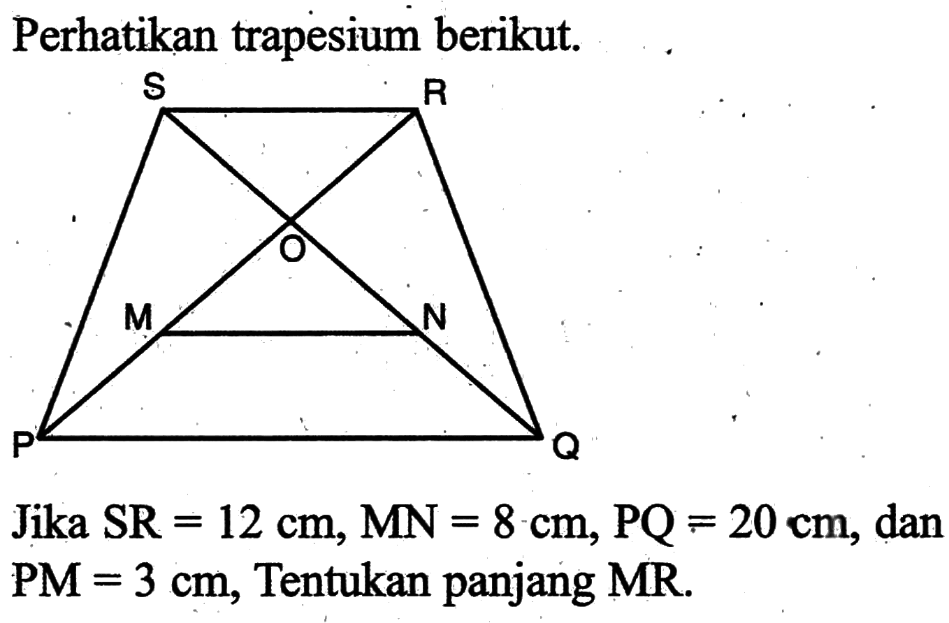 Perhatikan trapesium berikut.Jika  SR=12 cm, MN=8 cm, PQ=20 cm , dan  PM=3 cm , Tentukan panjang MR.