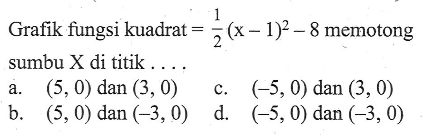 Grafik fungsi kuadrat  =1/2(x-1)^2-8 memotongsumbu X di titik  ...