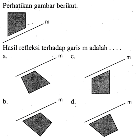 Perhatikan gambar berikut. mHasil refleksi terhadap garis  m  adalah  ... . a. mc. mb. md. m