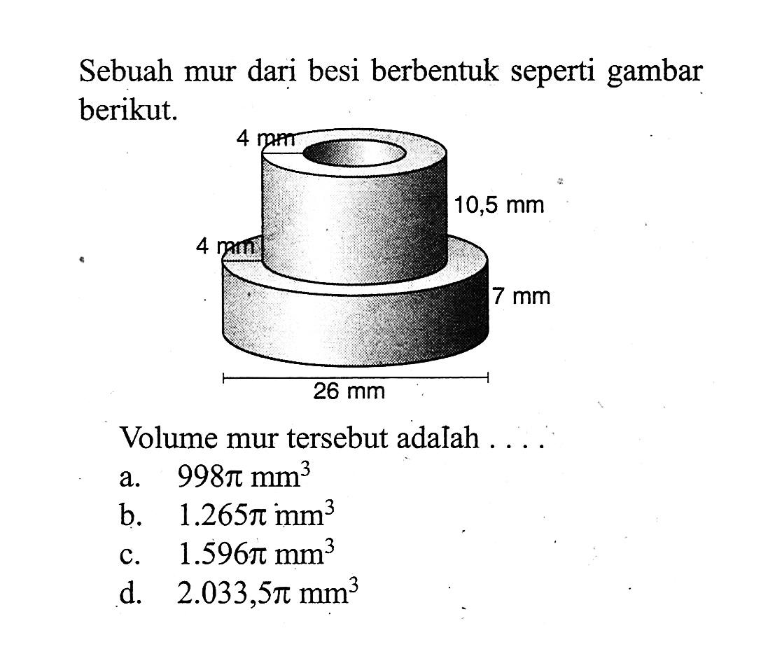 Sebuah mur dari besi berbentuk seperti gambar berikut. 4 cm 10,5 cm 4 cm 7 cm 20 cm Volume mur tersebut adalah....