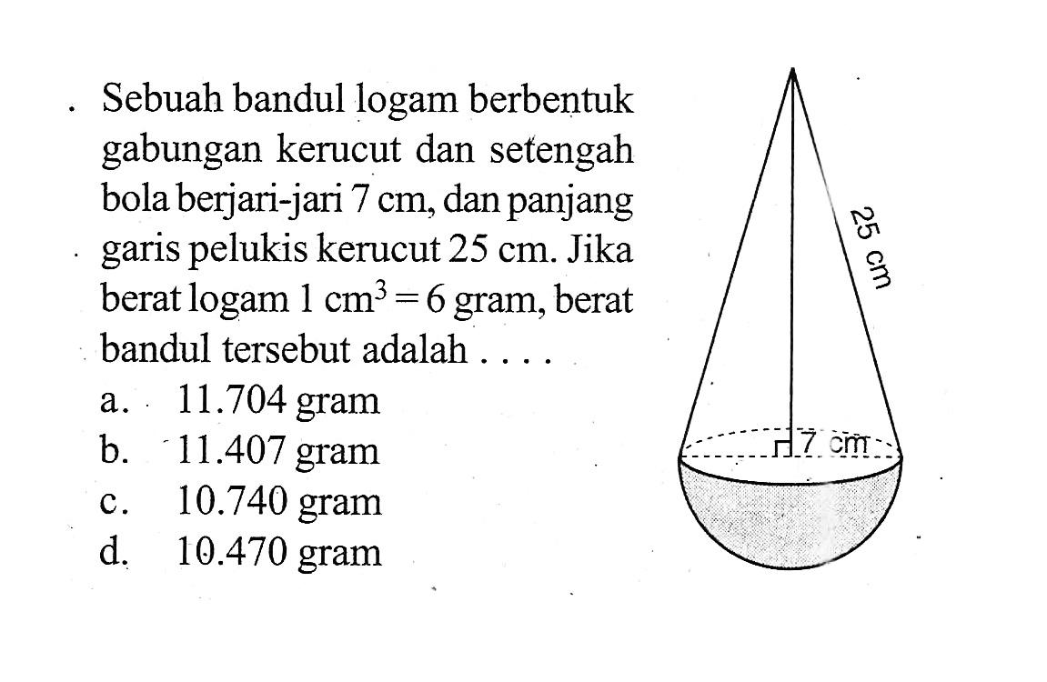 Sebuah bandul logam berbentuk gabungan kerucut dan setengah bola berjari-jari 7 cm, dan panjang garis pelukis kerucut 25 cm. Jika berat logam 1 cm^3=6 gram, berat bandul tersebut adalah ....