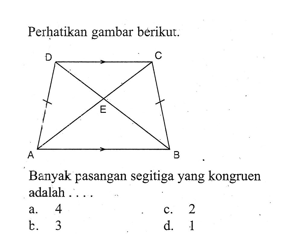 Perhatikan gambar berikut. Banyak pasangan segitiga yang kongruen adalah .... trapesium