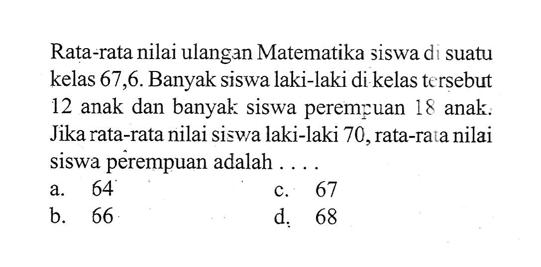 Rata-rata nilai ulangan Matematika siswa di suatu kelas 67,6. Banyak siswa laki-laki di kelas tersebut 12 anak dan banyak siswa perempuan 18 anak. Jika rata-rata nilai siswa laki-laki 70, rata-rata nilai siswa pèrempuan adalah....