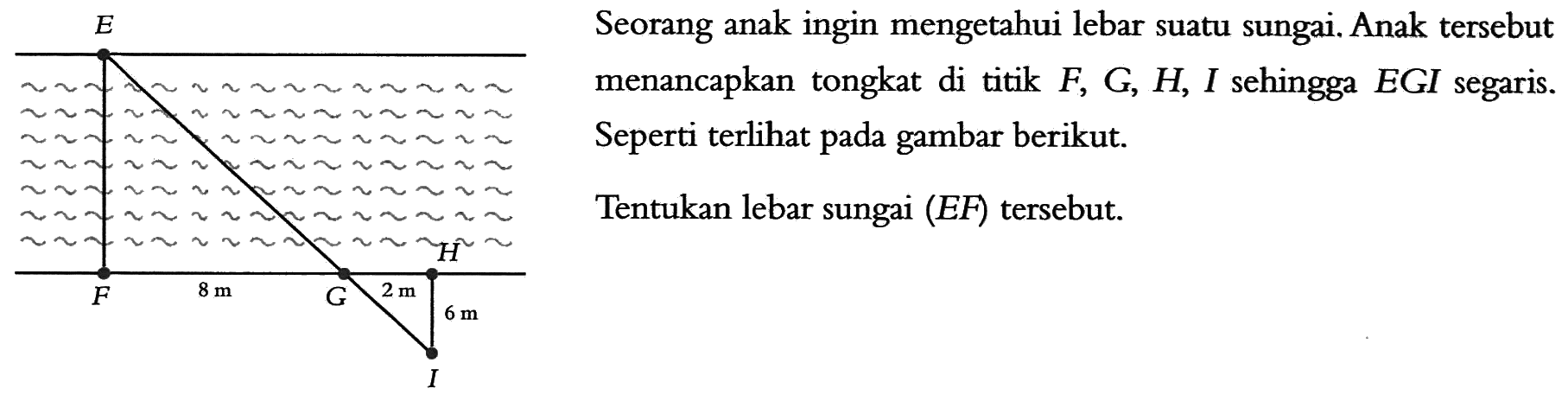 Seorang anak ingin mengetahui lebar suatu sungai. Anak tersebut menancapkan tongkat di titik F, G, H, I sehingga EGI segaris. Seperti terlihat pada gambar berikut. E F 8 cm G 2 cm H 6 cm I Tentukan lebar sungai (EF) tersebut.