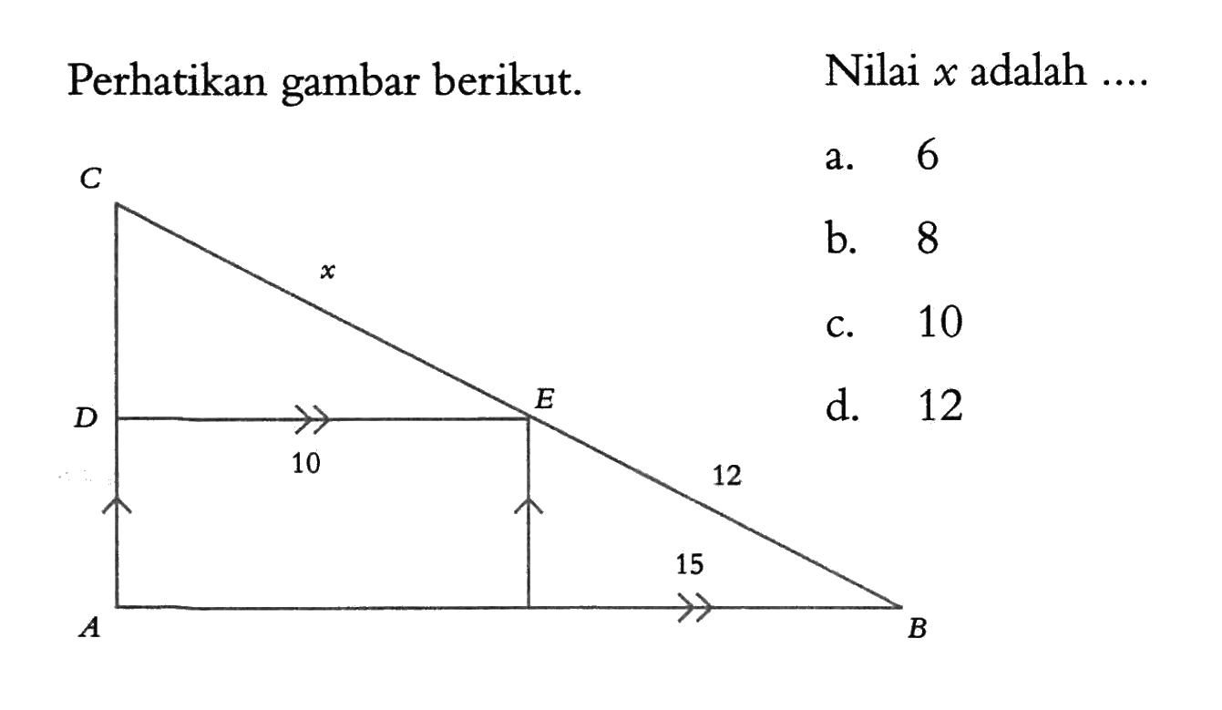 Perhatikan gambar berikut.C D E 10 12 15 A BNilai  x  adalah  ... 