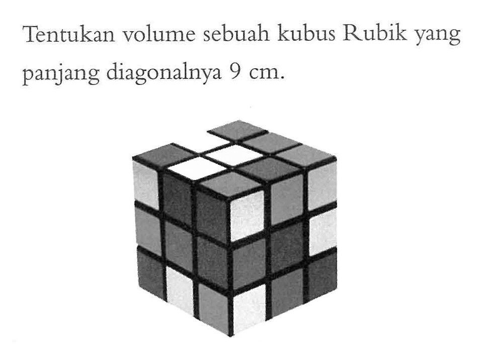 Tentukan volume sebuah kubus Rubik yang panjang diagonalnya 9 cm.