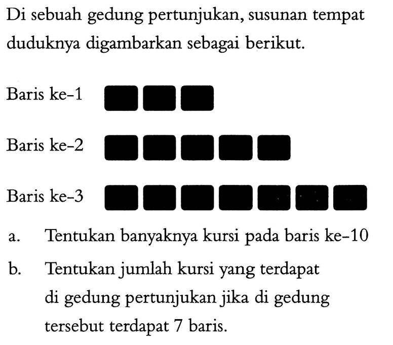 Di sebuah gedung pertunjukan, susunan tempat duduknya digambarkan sebagai berikut: Baris ke-1 Baris ke-2 Baris ke-3 a. Tentukan banyaknya kursi pada baris ke-10 b. Tentukan jumlah kursi yang terdapat di gedung pertunjukan jika di gedung tersebut terdapat 7 baris