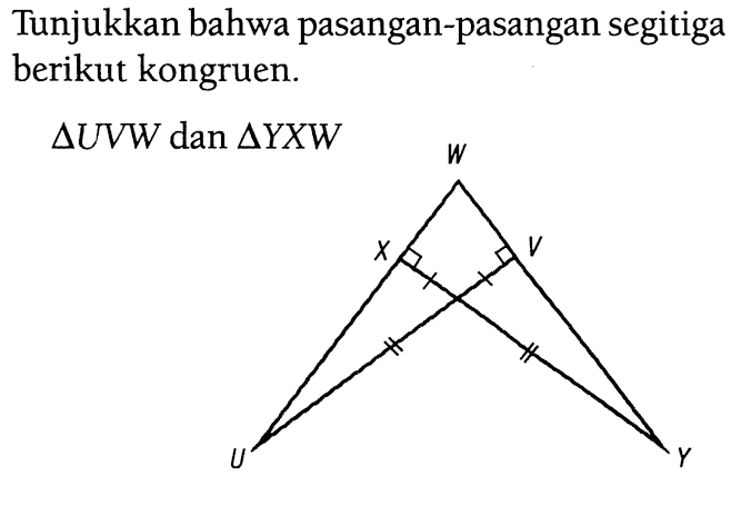 Tunjukkan bahwa pasangan-pasangan segitiga berikut kongruen. segitiga UVW dan segitiga YXW W X V U Y 