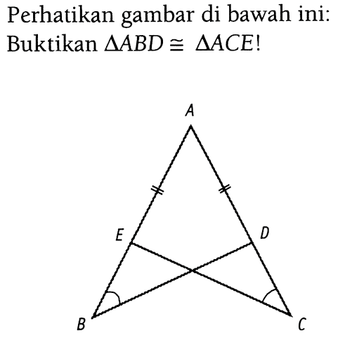 Perhatikan gambar di bawah ini: Buktikan  segitiga ABD kongruen segitiga ACE!A E D B C 