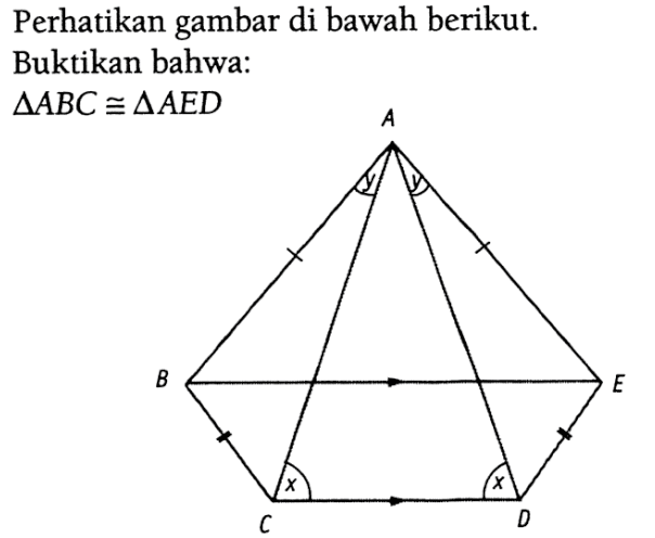 Perhatikan gambar di bawah berikut. Buktikan bahwa: segitiga ABC kongruen segitiga AED A B C D E y y x x 