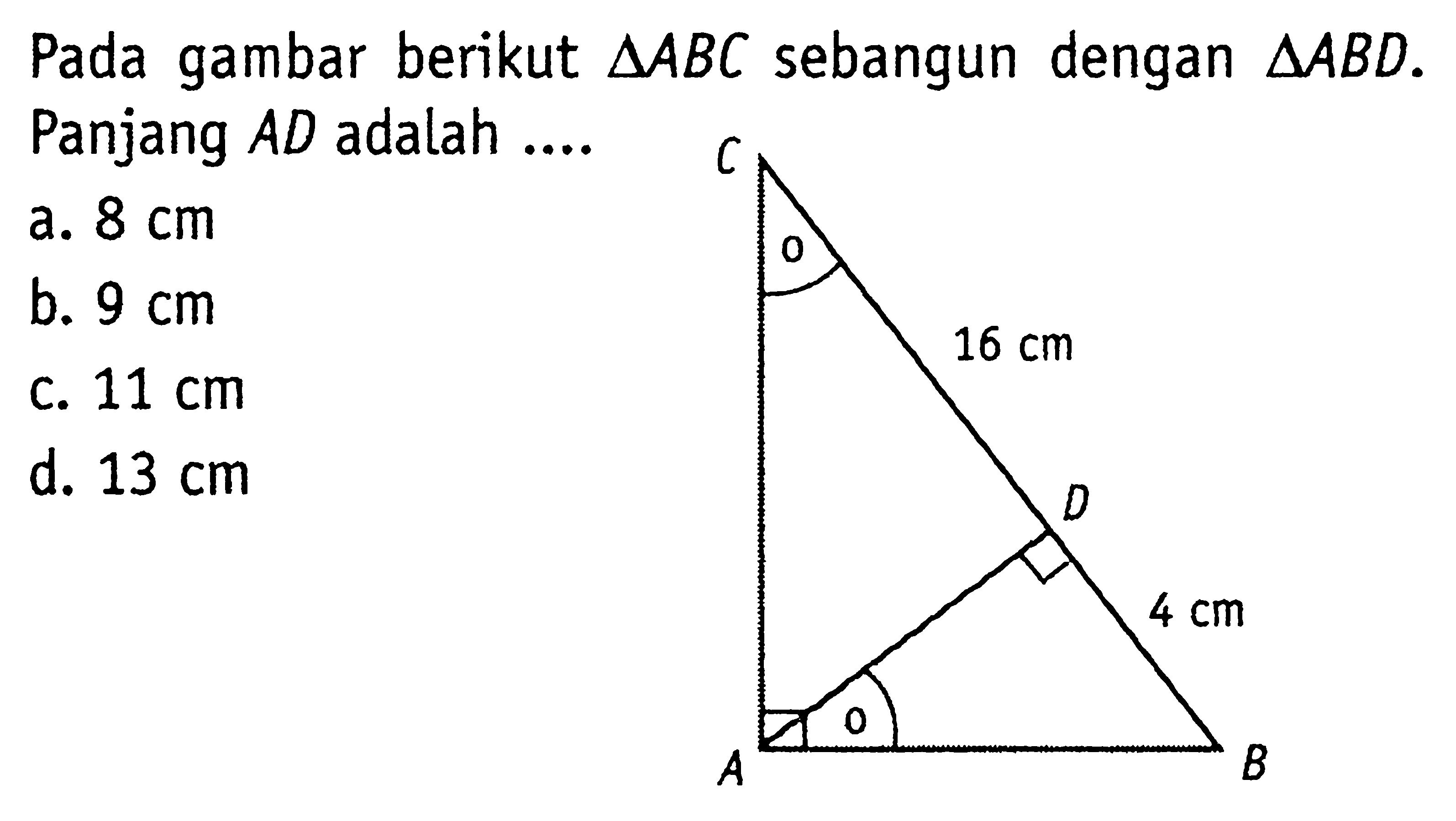 Pada gambar berikut segitiga ABC sebangun dengan segitiga ABD. Panjang AD adalah ....