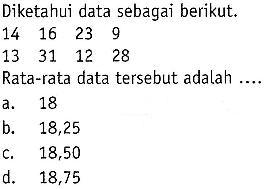 Diketahui data sebagai berikut.
14  16  23  9 
13  31  12  28
Rata-rata data tersebut adalah ....
