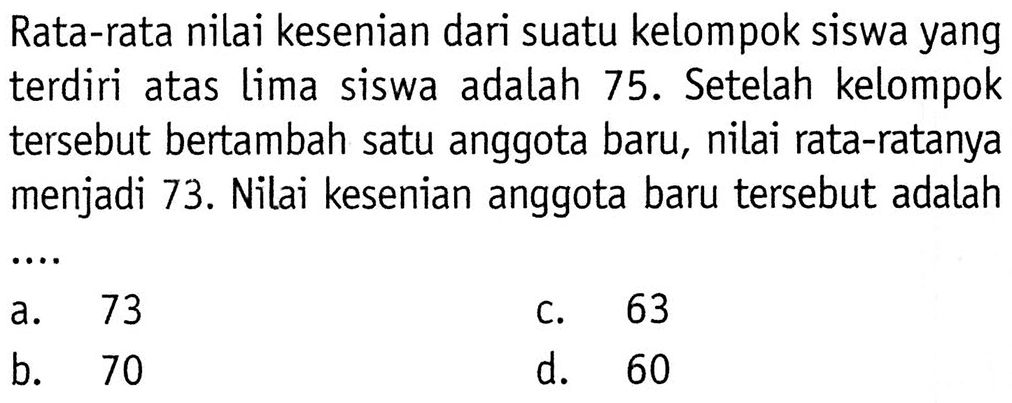 Rata-rata nilai kesenian dari suatu kelompok siswa yang terdiri atas lima siswa adalah 75. Setelah kelompok tersebut bertambah satu anggota baru, nilai rata-ratanya menjadi 73. Nilai kesenian anggota baru tersebut adalah .... 