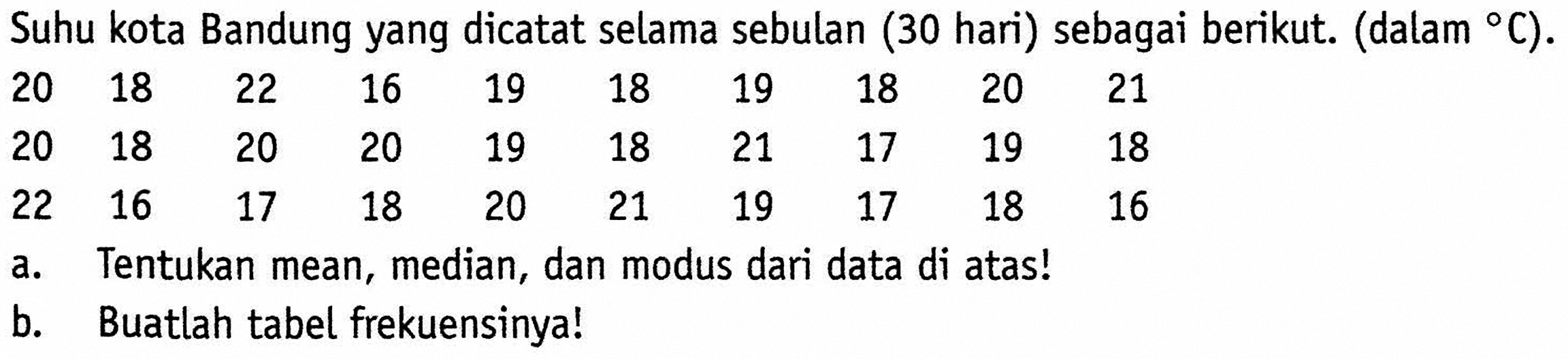 Suhu kota Bandung yang dicatat selama sebulan (30 hari) sebagai berikut. (dalam/C).   20 18 22 16 19 18 19 18 20 21  20 18 20 20 19 18 21 17 19 18  22 16 17 18 20 21 19 17 18 16   a.   Tentukan mean, median, dan modus dari data di atas!    b.   Buatlah tabel frekuensinya!