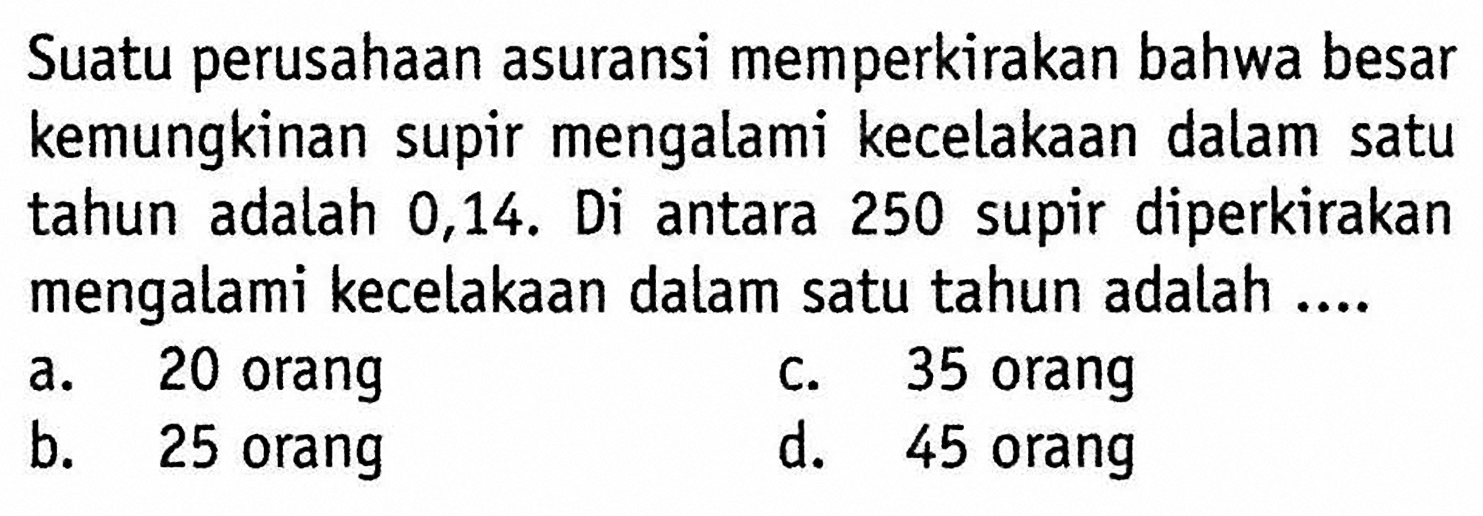 Suatu perusahaan asuransi memperkirakan bahwa besar kemungkinan supir mengalami kecelakaan dalam satu tahun adalah 0,14. Di antara 250 supir diperkirakan mengalami kecelakaan dalam satu tahun adalah ....