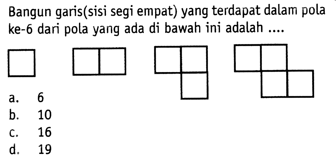 Bangun garis(sisi segi empat) yang terdapat dalam pola ke-6 dari pola yang ada di bawah ini adalah...