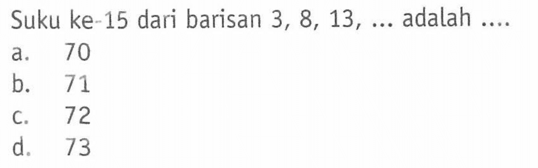 Suku ke 15 dari barisan 3, 8, 13,... adalah... a. 70 b. 71 c.72 d. 73