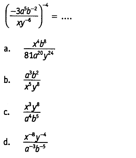 ( -3 a^5 b^-2 / x y^-6 )^-4