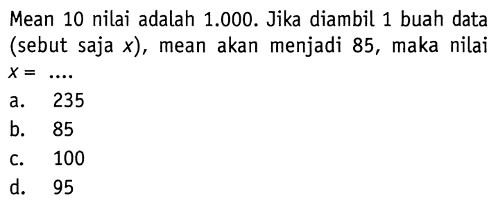 Mean 10 nilai adalah 1.000. Jika diambil 1 buah data (sebut saja x), mean akan menjadi 85, maka nilai x=... 