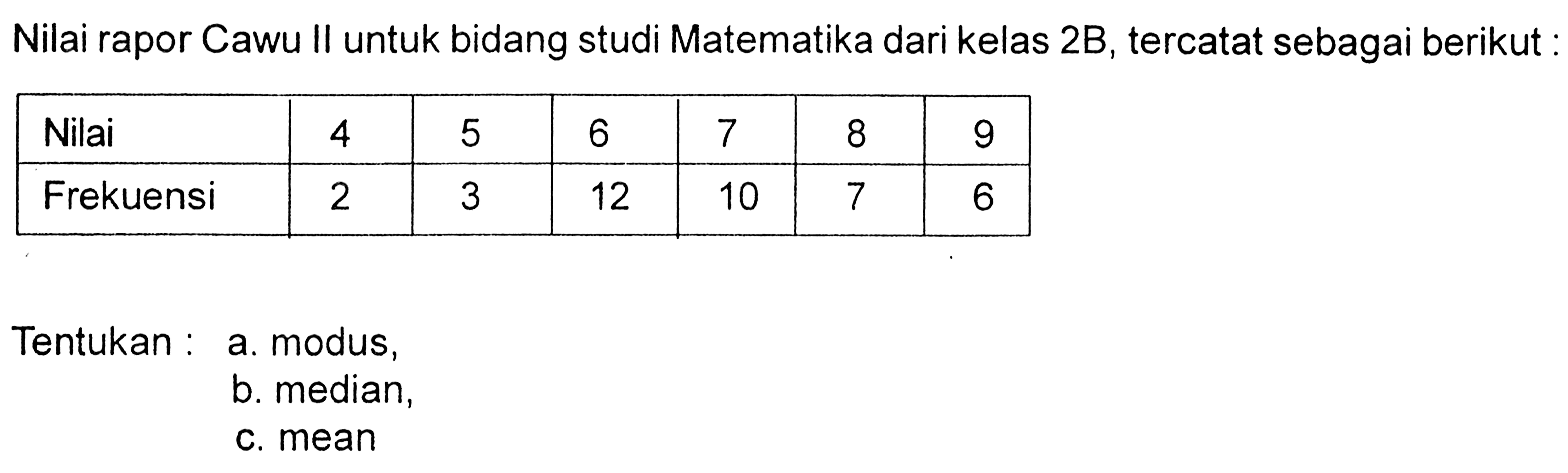 Nilai rapor Cawu II untuk bidang studi Matematika dari kelas  2 B , tercatat sebagai berikut: Nilai  4 5 6 7 8 9 Frekuensi  2 3 12 10 7 6 Tentukan: a. modus, b. median, c. mean