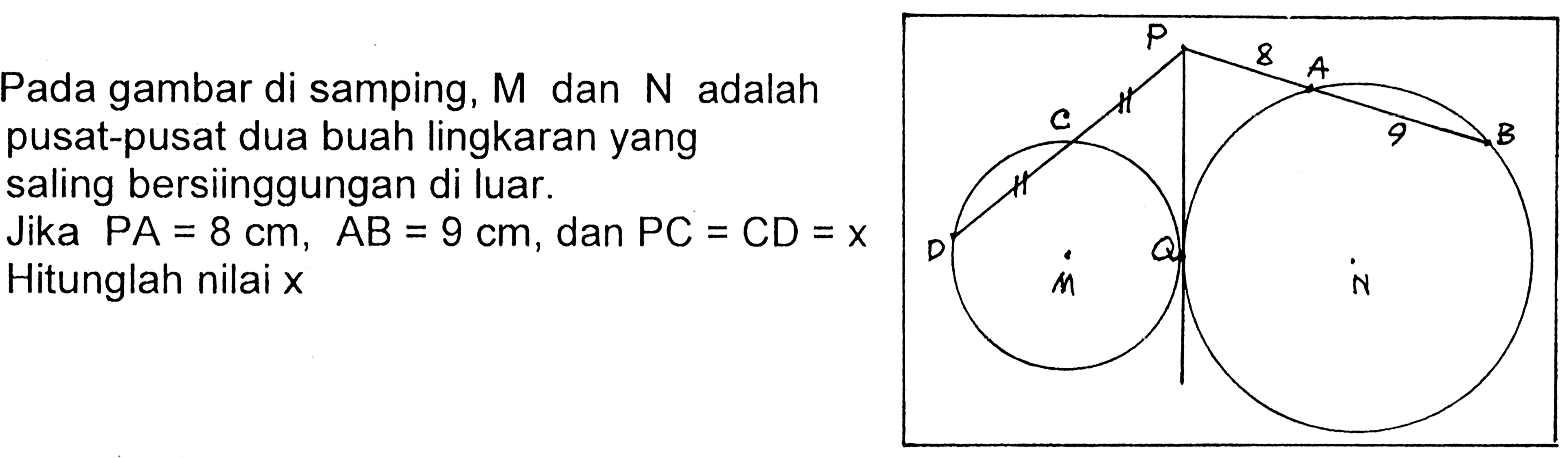 Pada gambar di samping,  M  dan  N  adalahpusat-pusat dua buah lingkaran yangsaling bersiinggungan di luar.Jika  PA=8 cm, AB=9 cm , dan  PC=CD=x Hitunglah nilai  x P S A C 9 B D Q M N 