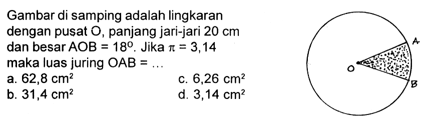 Gambar di samping adalah lingkaran dengan pusat  O , panjang jari-jari  20 cm  dan besar  A O B=18 .  Jika  pi=3,14  maka luas juring  OAB=... a.  62,8 cm^2 c.  6,26 cm^2 b.  31,4 cm^2 d.  3,14 cm^2 