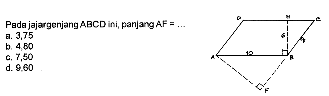 Pada jajargenjang  ABCD  ini, panjang AF=... 