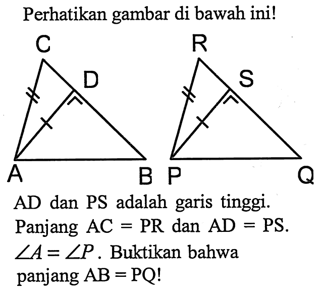 Perhatikan gambar di bawah ini!C DA BR S P QAD dan PS adalah garis tinggi.Panjang  AC=PR  dan  AD=PS.sudut A=sudut P. Buktikan bahwapanjang  AB=PQ ! 