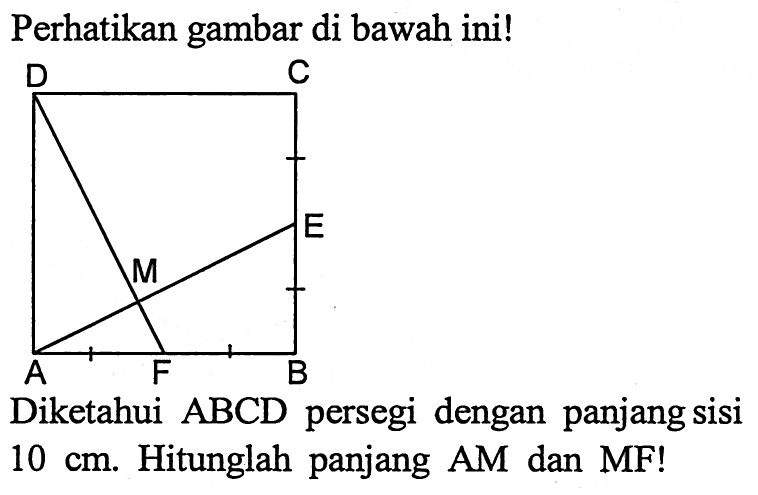 Perhatikan gambar di bawah ini!D C M E A F B Diketahui ABCD persegi dengan panjang sisi10 cm. Hitunglah panjang AM dan MF!