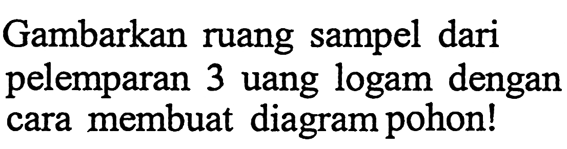 Gambarkan ruang sampel dari pelemparan 3 uang logam dengan cara membuat diagram pohon!