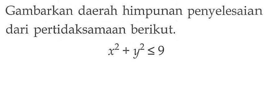 Gambarkan daerah himpunan penyelesaian dari pertidaksamaan berikut. x^2+y^2<=9